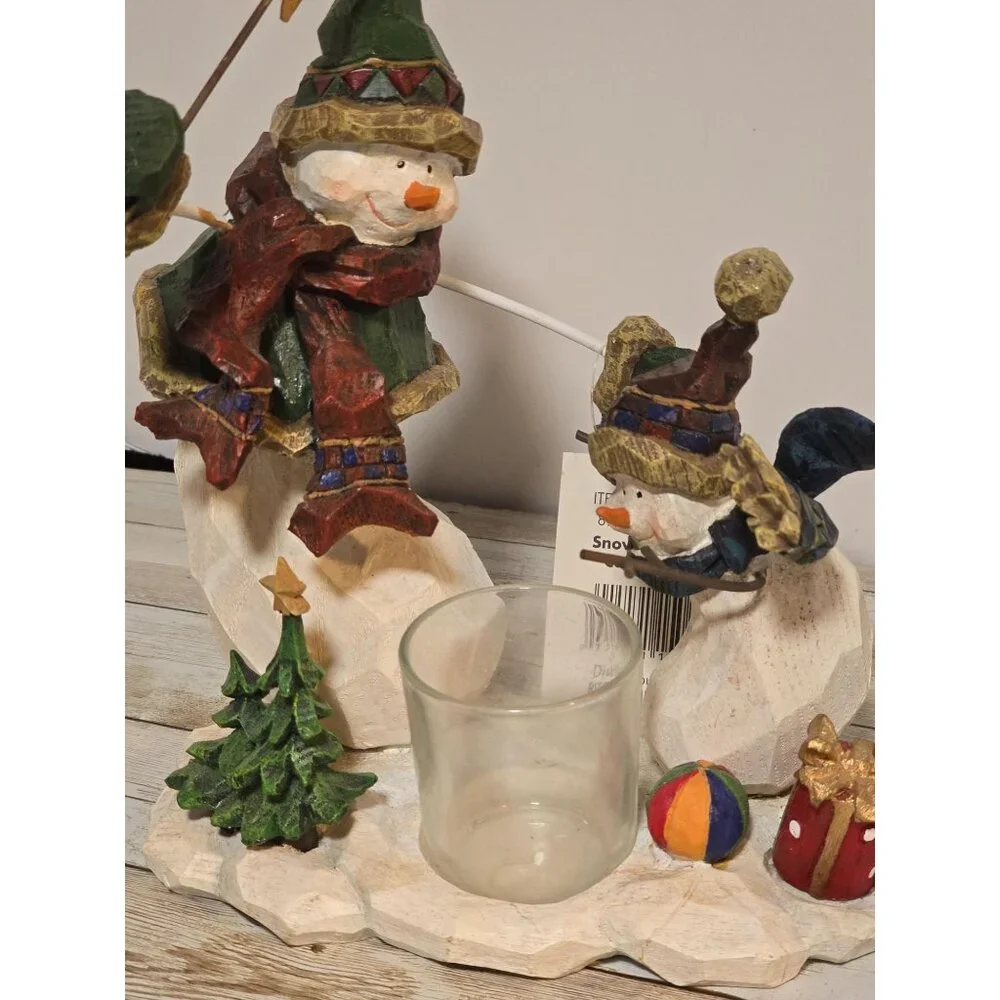 Vintage NOS‎ Snowman Votive Candle Holder Wooden Carved Heavy Sturdy